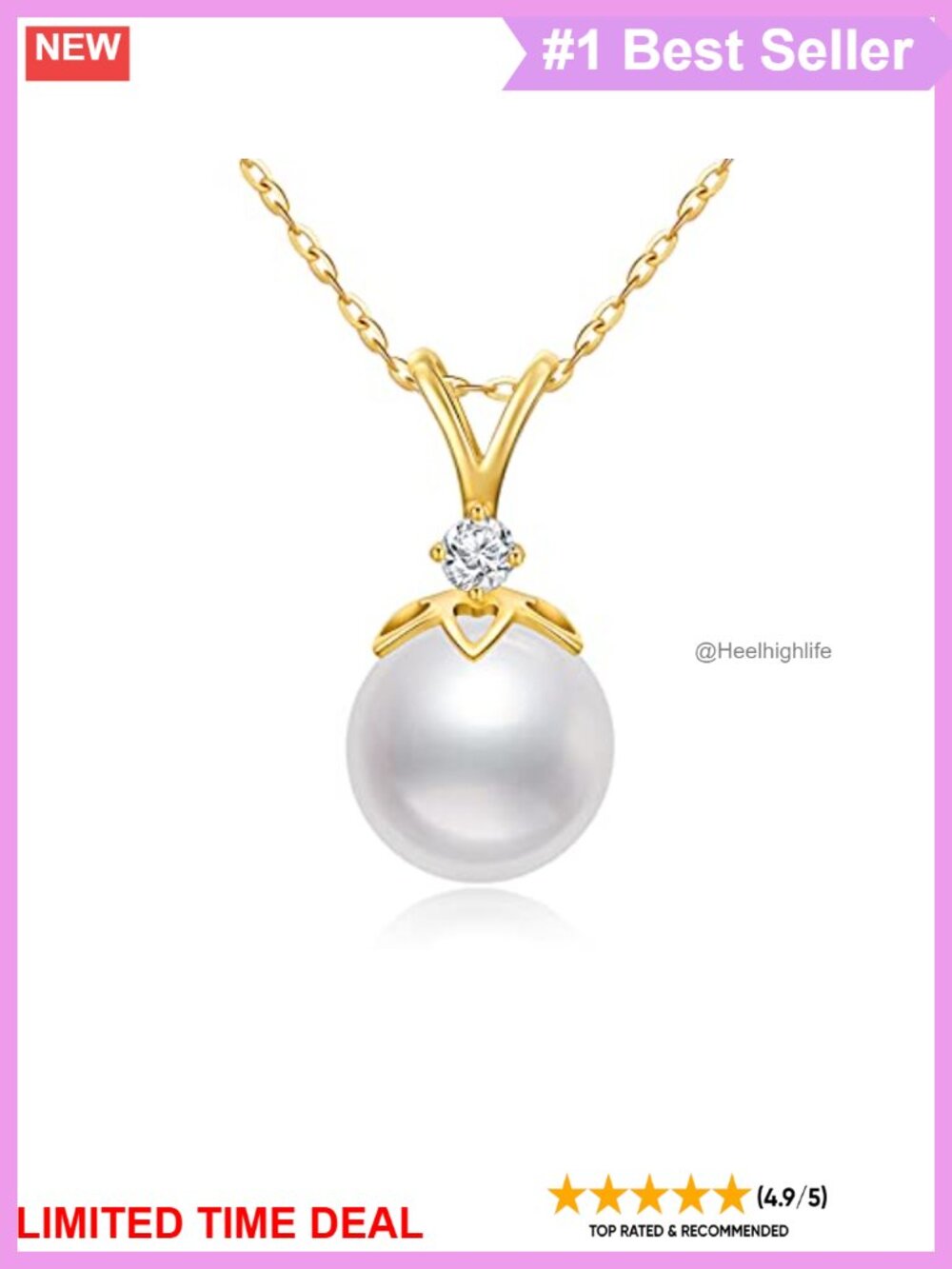 14K Solid Gold Pearl Necklace 9mm Freshwater Heart Pendant